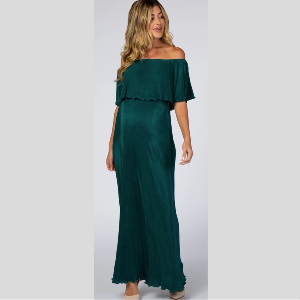 Forest Green Pleated Ruffle Off Shoulder Dress